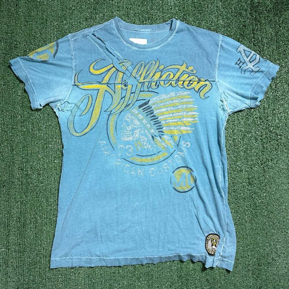 Y2K Distressed Affliction American Customs Motor Club T-Shirt Light Blue Medium